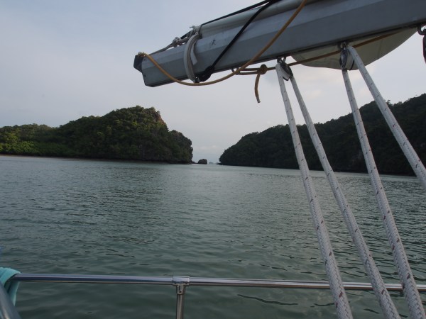 Ko Bulan anchorage looking north to the entrance we used. Narrow yes - only 12 metres wide but gives access to one of our favourite anchorages