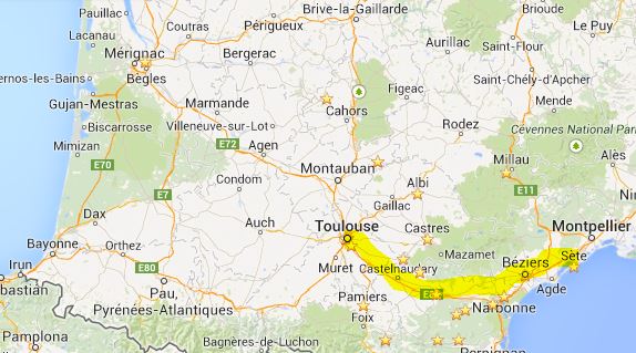 Approximate route of the Canal du Midi