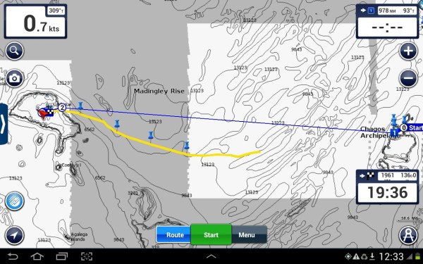 Note the blue line indicates the direct route between Chagos and the Seychelled.  In order to keep the wind we headed south and then looped back north and into Victoria