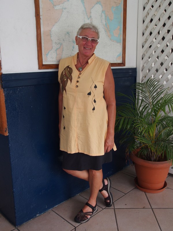 Connie fashions a hand embroidered top from Sri Lanka, shoes by Keens